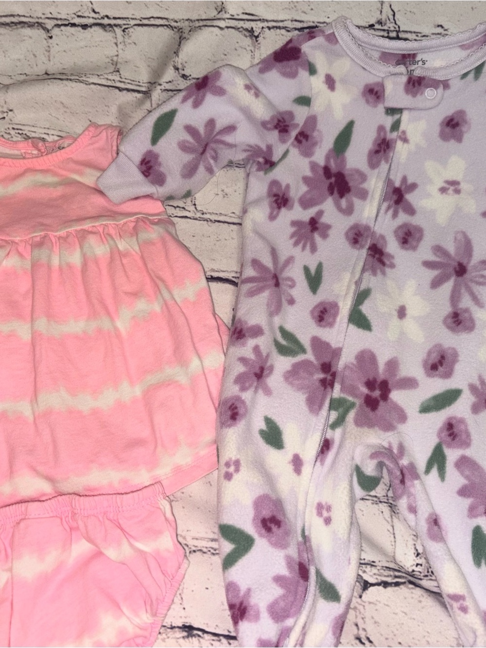 Carters bundle Pink Tie-Dye Dress & Purple Floral Fleece Footed Pajamas Baby Set